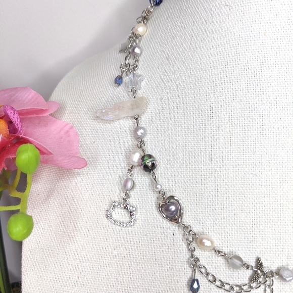 Star necklace with blue beads chain and charms. Handmade by me. - Picture 4 of 7